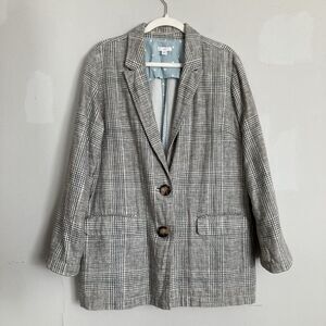 J.Jill Coriander Plaid Blazer LARGE Cotton Linen Gray Minimal Relaxed